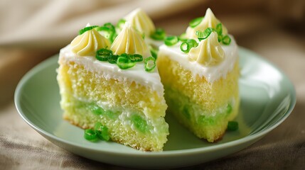 Two slices of layered yellow sponge confection topped with white glaze and green garnishes rest on a pale dish.
