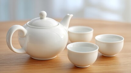Fototapeta premium Elegant White Teapot with Three Matching Cups on a Light Wooden Surface