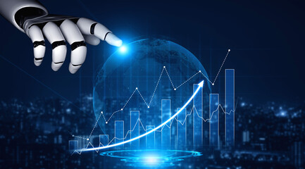 A futuristic robot hand points at a globe, overlayed with data graphs depicting growth in technology and artificial intelligence. The blue tones enhance the digital theme. Scalp