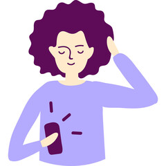 Illustration of a person with curly purple hair wearing a light purple sweater holding a dark purple smartphone in a relaxed pose with eyes closed and a gentle smile on a transparent background