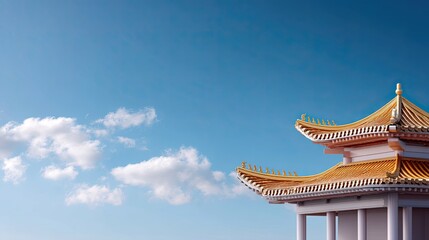 Fototapeta premium Traditional Asian Pagoda Structure Under Clear Blue Sky with Soft White Clouds, Symbolizing Serenity and Cultural Heritage