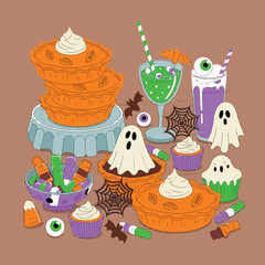 Cute quirky Halloween vector with friendly monsters, smiling witches, pumpkins, candles, crystals, potions & fog — perfect for festive seasonal art