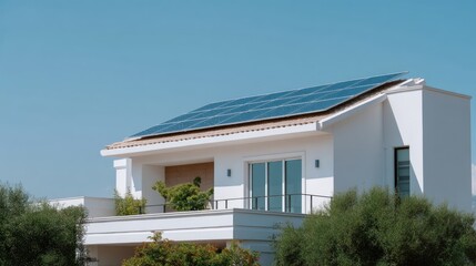 Modern House with Solar Panels on Roof Surrounded by Lush Greenery in Bright Clear Sky