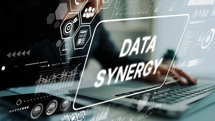 Hands On Laptop with Data Synergy Concept Overlays Representing Digital Innovation and Technology Integration in Modern Business. Asymptotic smart data analytic.