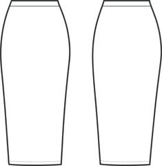 Straight skirt front view, technical fashion sketch, flat vector, fitted waistband, hem detail, CAD drawing, garment construction illustration, symmetrical design
