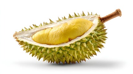Fototapeta premium Spiky tropical fruit cut open revealing creamy yellow flesh and stem against a white background