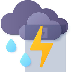 Illustration of a Stormy Sky With Clouds Raindrops and Lightning Bolt Against a Transparent Background
