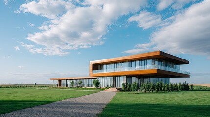 Fototapeta premium Modern Architectural Design of a Luxurious Home Surrounded by Lush Greenery and Open Sky with Dramatic Clouds
