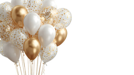 Elegant Happy New Year 2026 banner with glossy gold foil balloons, white stars, and subtle bokeh spark effects creating a joyful winter mood, isolated on white background