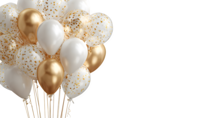 Elegant Happy New Year 2026 banner with glossy gold foil balloons, white stars, and subtle bokeh spark effects creating a joyful winter mood, isolated on white background