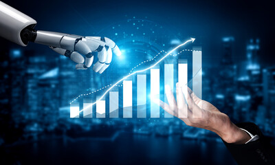 A futuristic representation of a robot hand reaching out to a human hand, symbolizing collaboration in technology and business with growth charts in the background. Impute