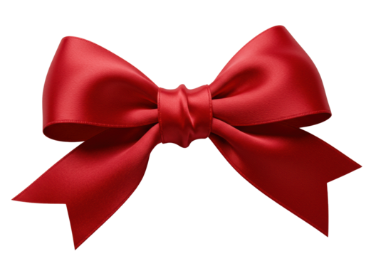Ultra close-up macro shot of a bright crimson red satin ribbon bow with sensuous folds, dramatically lit, isolated on a transparent background. Concept of luxury and elegance