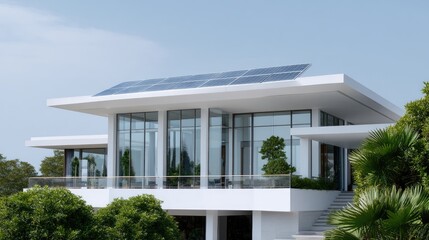Modern Eco-Friendly House with Solar Panels Surrounded by Lush Greenery and Large Windows Under a Clear Sky