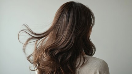 Obraz premium Beautiful model girl with Brown hair strand,silky healthy chestnut wavy hair strand,hair wavy ribbon, with smooth,Keratin straightening,Treatment,straight long hair,procedures,Smooth hairstyle.