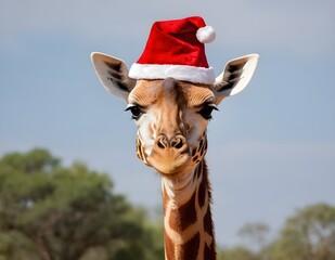 giraffe wearing a santa hat