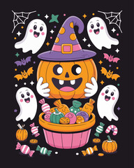 Obraz premium Cute quirky Halloween vector with friendly monsters, smiling witches, pumpkins, candles, crystals, potions & fog — perfect for festive seasonal art