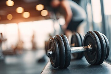 Close-up of dumbbells on gym bench, blurred background