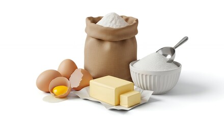 Essential Baking Ingredients: Flour, Sugar, Eggs, and Butter on White Background for Home Cooking and Recipes