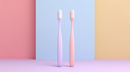 Two Stylish Toothbrushes in Soft Colors Against a Pastel Background for Clean and Fresh Oral Care Aesthetics