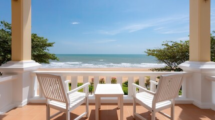 Obraz premium Serene Coastal View from Balcony with Two White Chairs Overlooking Calm Sea and Clear Sky
