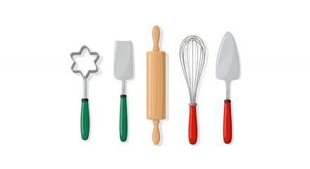 Baking Tools Set with Rolling Pin, Whisk, Cookie Cutter, and Spatulas for Kitchen and Pastry Making on White Background