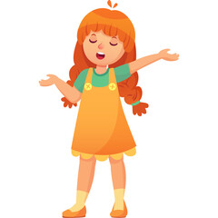 Happy Young Girl With Orange Hair And Orange Dress Singing Joyfully With Arms Outstretched