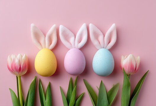 Pastel Easter Eggs with Bunny Ears and Tulips