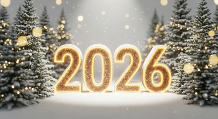 Glowing 2026 numbers surrounded by snowy christmas trees and twinkling lights