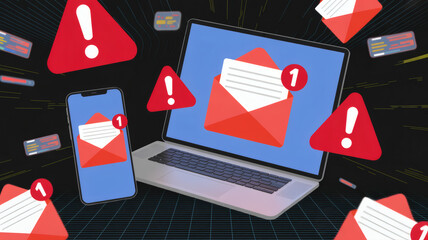 Phishing Email Scam Warning Concept with Laptop and Smartphone Receiving Too Many Unread Malicious Messages with Red Exclamation Mark Alert Icons Flying on Dark Background