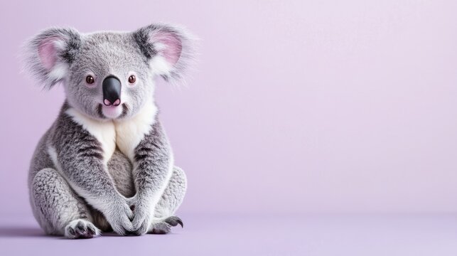 A cute baby koala sitting on a solid pastel purple background with space above for text