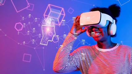 A young woman enjoys a virtual reality experience with a headset, smiling brightly as she interacts with vibrant digital graphics, symbolizing innovation and engagement in technology. Raster