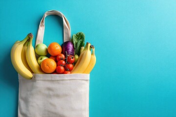 Reusable tote bag filled with fresh produce against a vibrant teal background