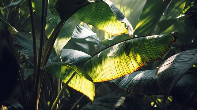 Intense sunlight illuminates large green foliage in a dense tropical environment