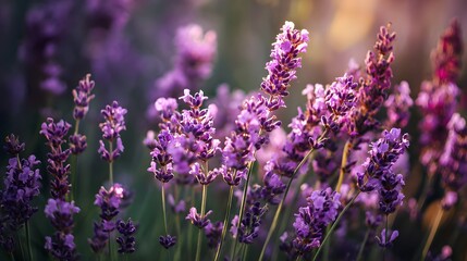 Obraz premium Abundant purple flowering spikes bloom vibrantly amidst soft, diffused sunlight in a garden setting.