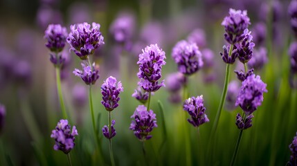Fototapeta premium Vibrant purple flower spikes grow upward among soft green foliage outdoors