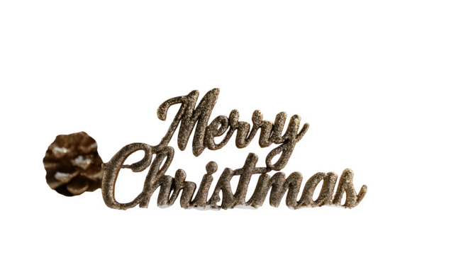 Luxury Christmas Day setup featuring 3D golden “Merry Christmas” text with soft sparkles, surrounded by white snow, glowing candles, and metallic ribbon curls, isolated on white background