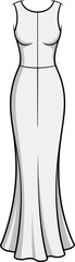 Women's evening dress technical sketch, sleeveless fitted silhouette, scoop neckline, flared hem, fashion flat, garment design, cad drawing flat vector illustration