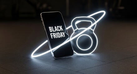 Black Friday fitness sale concept. Kettlebell and smartphone with discount offer. Gym promotion, fitness gear deals. Perfect for social media ads and sale banners.