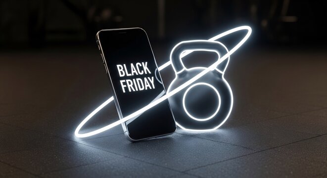 Black Friday fitness sale concept. Kettlebell and smartphone with discount offer. Gym promotion, fitness gear deals. Perfect for social media ads and sale banners.