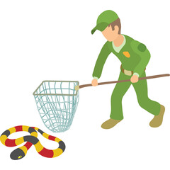 Animal Control Officer in Green Uniform Capturing a Coral Snake with a Net on a White Background with a Transparent Overlay