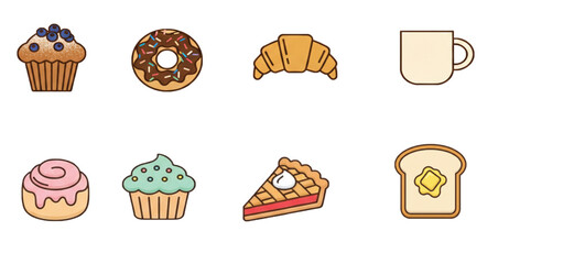 Coffee and Bakery Icon Set – Flat Vector Illustrations of Pastry, Bread, Coffee, and Desserts