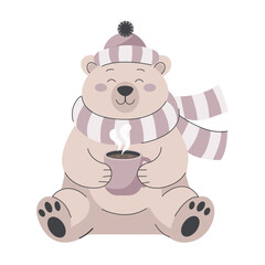 Cute winter bear with a cup of hot chocolate. Cozy cartoon vector animal in hat and scarf, perfect for Christmas cards, kids’ designs, winter posters, or holiday decor.