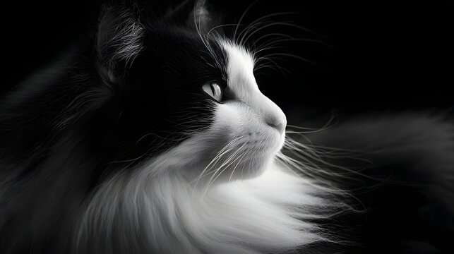 Dramatic profile portrait showcases a long-haired domestic feline against a dark background