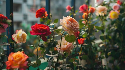 Floral background, Beautiful bouquet of multicolored roses, Growing roses with green leaves bright and sunny summer day outside. 