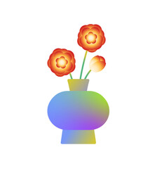 Bouquet of flowers in gradient vase. Abstract wildflowers in geometric pot. Colourful posy, bloom plants in minimal style for modern interior decoration. Flat isolated vector illustration on white