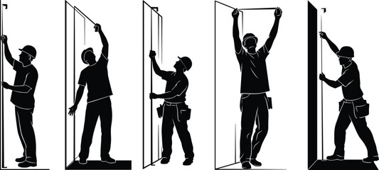 Silhouette illustration of construction worker measuring wall height with tape measure, builder checking alignment, renovation and building process concept scene