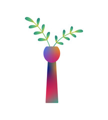 Branches with green leaves in modern geometric vase. Abstract flower in glass pot in gradient style. Twigs of plant for interior decoration. Flat isolated vector illustration on white background