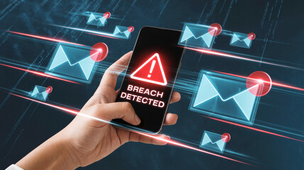 Hand Holding Smartphone with Red Breach Detected Alert and Exclamation Mark amidst Flying Email Icons Representing Cyber Security Threat and Data Leakage on Digital Network Background