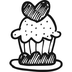 Hand Drawn Sketch Of A Heart Shaped Cupcake With Sprinkles Sitting On A Plate Black And White Outline On Transparent Background Sweet Treat Dessert Illustration