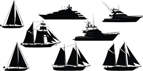 Boat and ship silhouettes in various designs, sailboats yachts tall ships collection, maritime transport illustration, sea vessel shapes, cad drawing flat vector illustration © VectoBloom